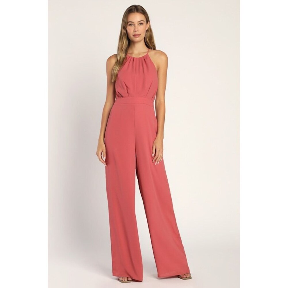 Lulus Always The Loveliest Dusty Rose Halter Wide-leg Jumpsuit Pink - Size L